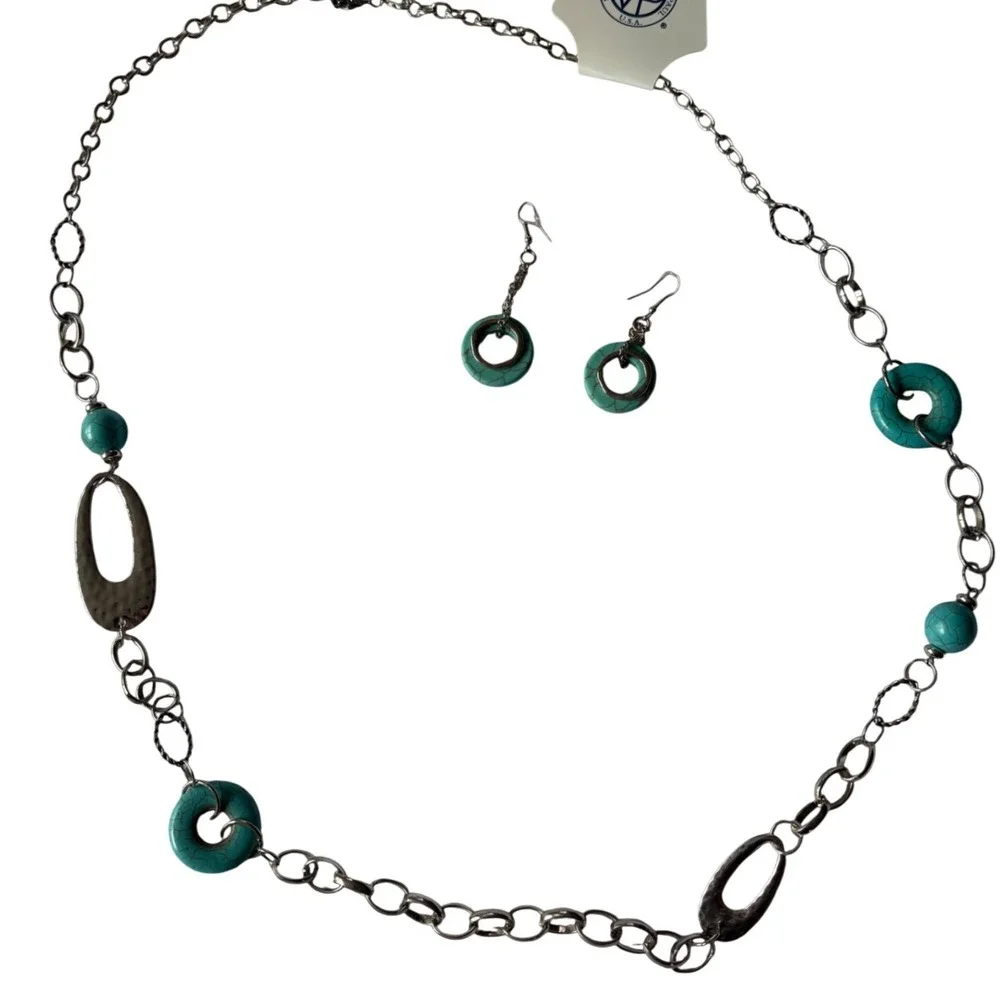 Silver Tone Long Turquoise Faux Stone Chain Necklace and Drop Earring‎ Set Boho